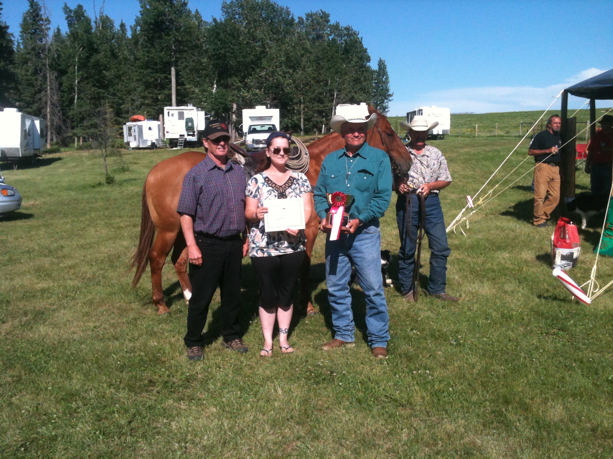 Soot, a border collie, receiving the gold cup at the Wild Rose Sheepdog Trial in Bowden, Alberta